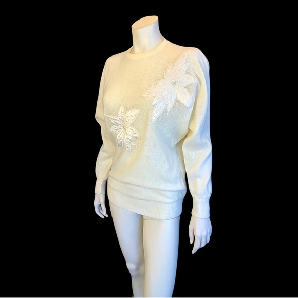 80s Cream POINSETTA Dolman Sleeve Beaded Sweater / M L - Picture 3 of 9